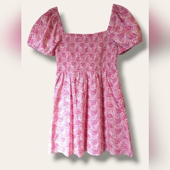 J. Crew Pink Floral Smocked Square Neckline Puff Sleeve Flowy Poplin Mini Dress - Picture 3 of 10